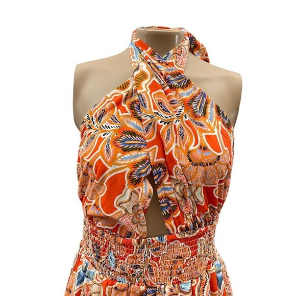 Misa Tula Mini Dress‎ Tangerine Flora Halter Neck Cotton Backless Ruffle L NWT - Picture 7 of 15